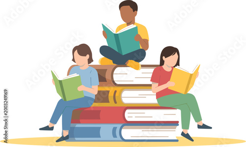 Students reading books together, learning and education concept with diverse children sitting on stacked textbooks