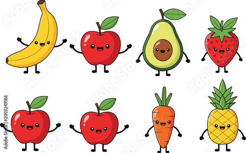 
Cute Kawaii Fruit and Vegetable Characters Set with Banana, Apple, Avocado, Strawberry, Carrot and Pineapple Mascots