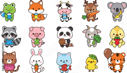 
Cute Kawaii Animal Characters Sticker Set with Fox, Panda, Bunny, Tiger, Cow, Frog and Friends Cartoon Mascots