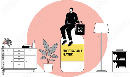 Sustainable Living Illustration with Biodegradable Plastic Bag, Eco Bag, and Modern Home Décor for Eco-Conscious Lifestyle Design