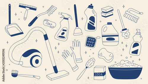 Hand-drawn cleaning supplies set with brushes, spray bottle, gloves, bucket and sponge. Minimal Mediterranean blue line vector for housekeeping, home care branding, packaging design.