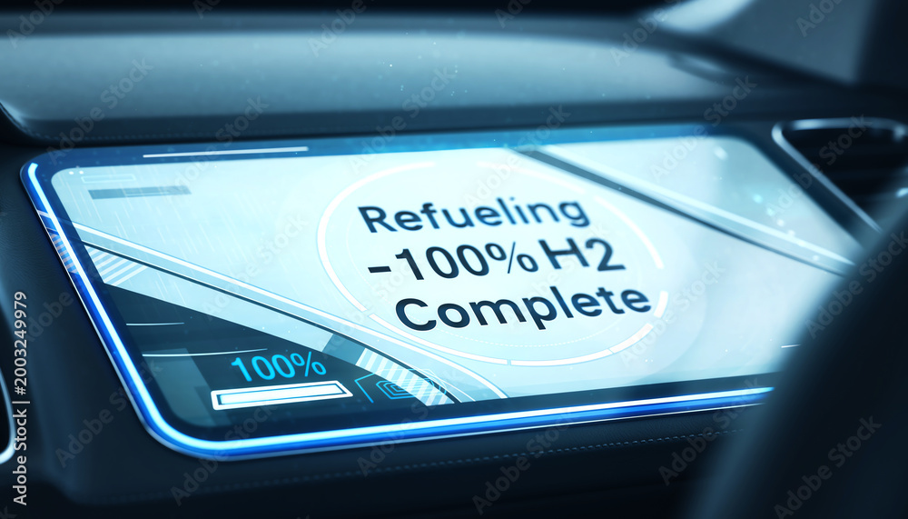 Obraz premium Modern car interior dashboard display showing completed hydrogen refueling with 100% H2 status on a futuristic infotainment screen