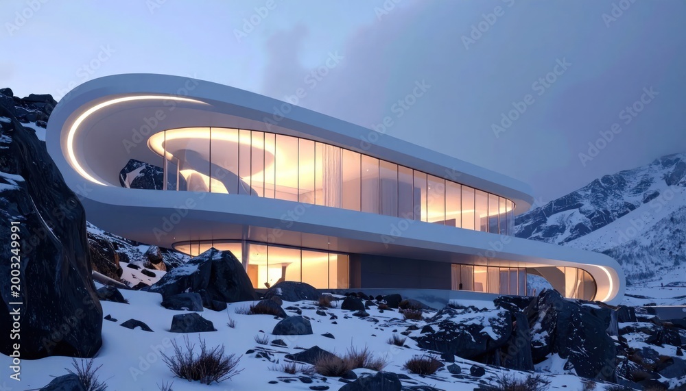 Fototapeta premium Futuristic Architectural Masterpiece in a Snowy Mountain Landscape.