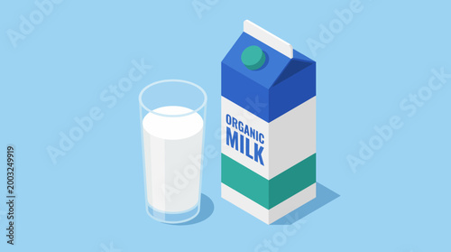 An appealing illustration showcasing an organic milk carton beside a glass filled with milk, set against a soft light blue background to emphasize freshness.