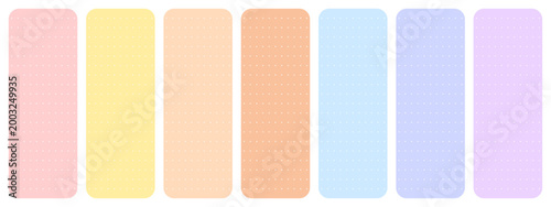 Minimalist 7-day weekly planner set with colorful pastel dot grid stickers for digital journaling and scheduling. Vector illustration of template for recording, notes, to do liste.