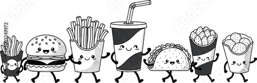 Cute Kawaii Black and White Fast Food Characters Walking Together with Burger, Fries, Soda, Taco and Popcorn Outline