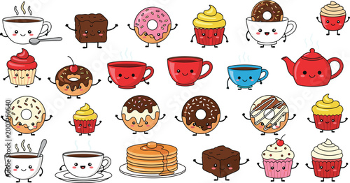 
Cute Kawaii Sweet Dessert Characters Sticker Set with Donut, Cupcake, Coffee Cup, Pancake and Brownie Mascots