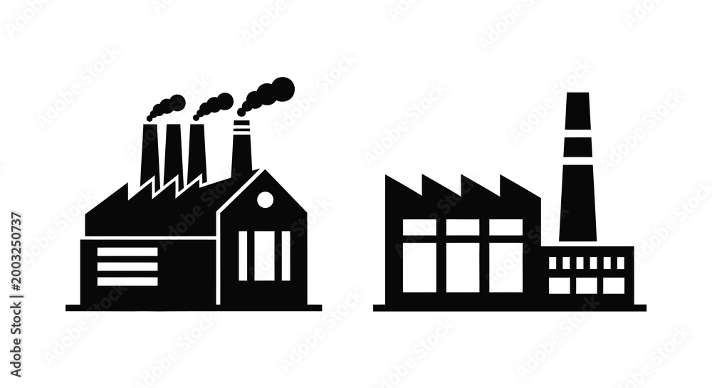 Fototapeta premium Factory buildings with smokestacks industrial silhouettes on a white background
