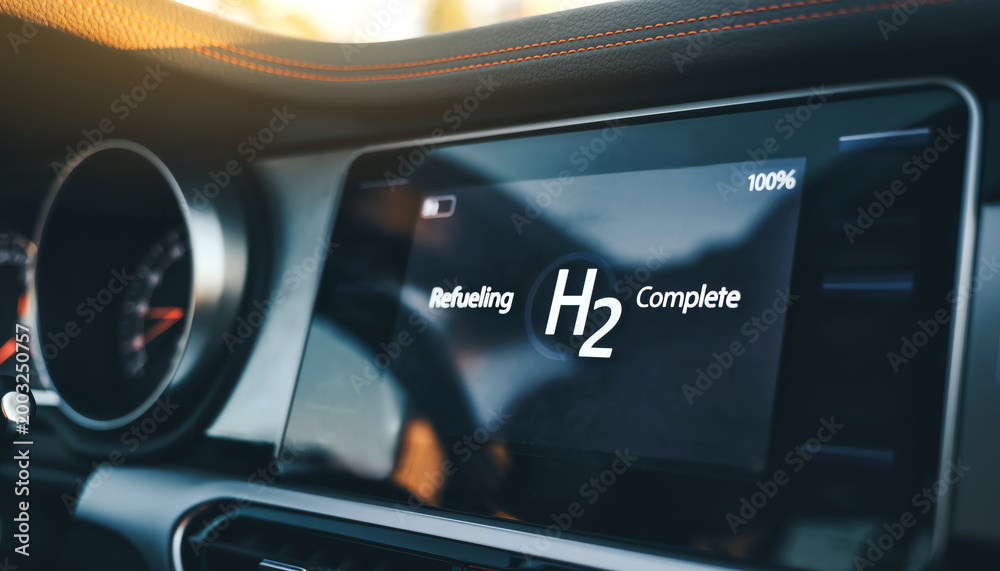 Fototapeta premium Modern car interior dashboard display showing completed hydrogen refueling with 100% H2 status on a futuristic infotainment screen