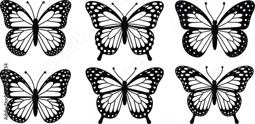 Black butterfly collection, detailed symmetrical wings set for decorative nature illustration and tattoo design