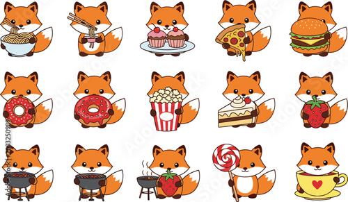 
Cute Kawaii Orange Fox Character Sticker Set Holding Various Foods Like Pizza, Donut, Popcorn and Burger Mascots