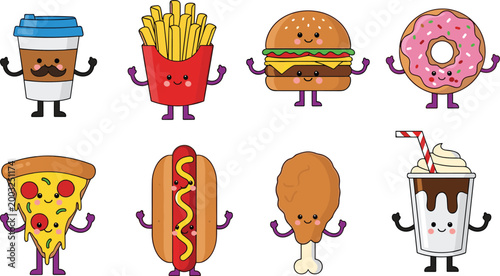 Cute Kawaii Fast Food Characters Set with Coffee, Fries, Burger, Donut, Pizza, Hotdog, Chicken and Milkshake Mascots