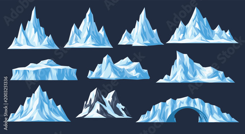 Set of various blue icebergs and arctic ice formations with different peaks and shapes isolated on a dark background.