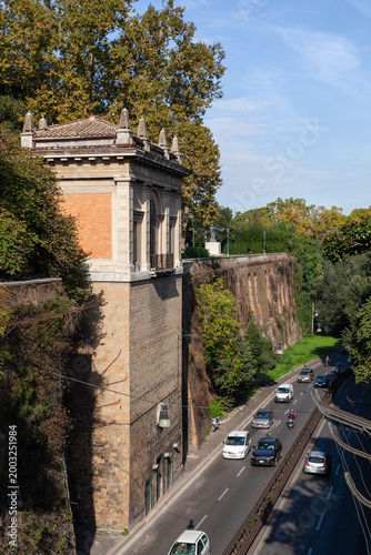 View of the ancient Aurelian Walls and Muro Torto road near Villa Borghese in Rome.