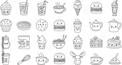 Cute Kawaii Black and White Food and Kitchen Coloring Page Set with Desserts, Drinks, Burger, Teapot and Baking Items