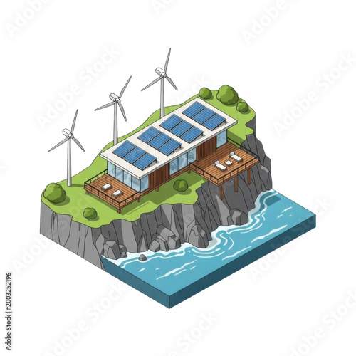 Isometric Sustainable Coastal House with Solar Panels and Wind Turbines on Rocky Island