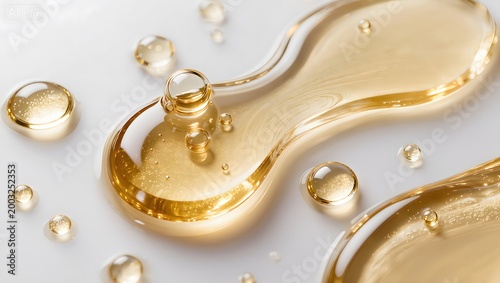 Close-up of Golden Essence Drops and Bubbles