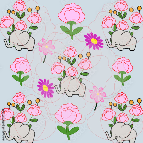 Photography seamless pattern with roses and elephants pink