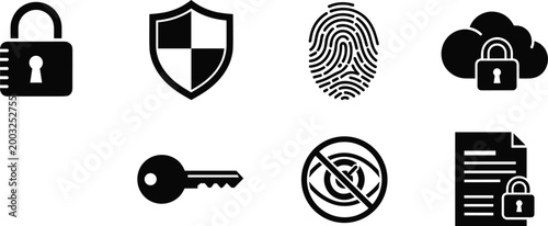 Cyber security icons set with lock shield fingerprint cloud protection key privacy and secure document symbols