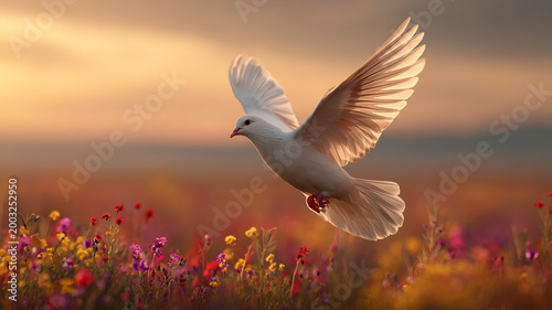 a white dove flying gracefully over a vast colorful wildflower field, warm golden sunset light illuminating the scene