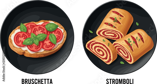 Bruschetta and Stromboli Dish Set with Fresh Ingredients and Italian Cuisine Themes for Food Illustrations