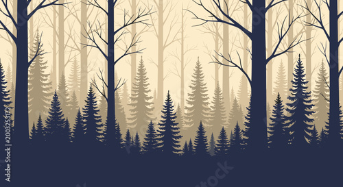 Dark silhouettes of pine trees stand in a dense forest with a soft golden background representing a misty or foggy morning.