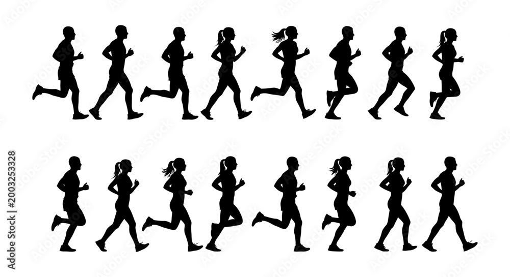 Obraz premium silhouettes of diverse people running in synchronized motion on white background