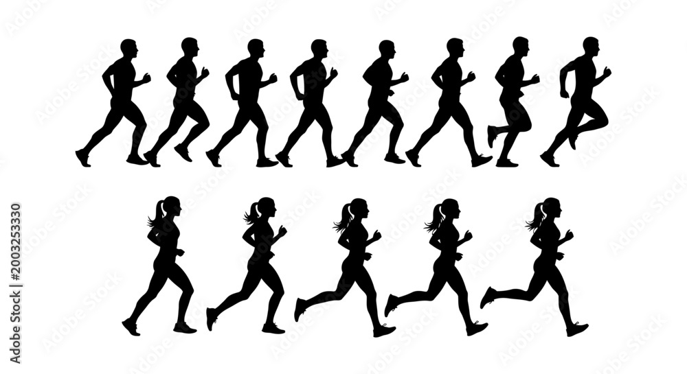 Obraz premium silhouettes of male and female runners in motion on white background sport concept