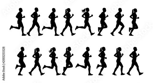 silhouettes of diverse people running in synchronized motion on white background