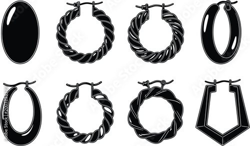Stylized Earring Collection with Various Hoops and Shapes Black and White Jewelry Design Vector Illustration Set