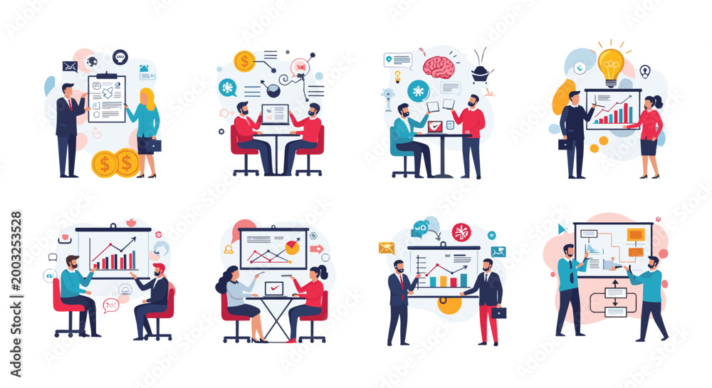 Fototapeta premium Collection of business scenarios showing professionals presenting data charts and collaborating during meetings and office work.
