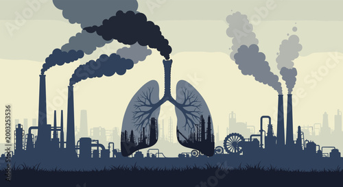Powerful environmental concept showing industrial smoke from factory chimneys forming the shape of human lungs in the sky.