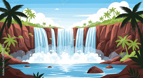 Tropical paradise scene with multiple waterfalls cascading down lush rocky cliffs into a turquoise pool under a blue sky.