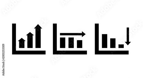 three business graph icons showing growth stability and decline