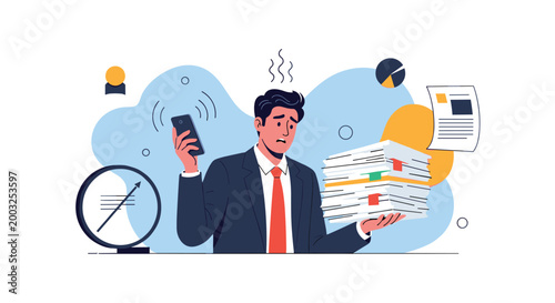 Stressed and overwhelmed businessman holding a large stack of documents and a vibrating mobile phone in a busy office environment.