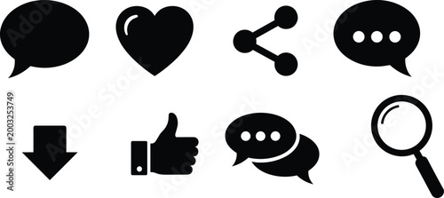 Social media icons set with chat bubbles heart share like download and search symbols for digital communication design