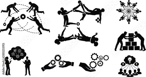 Teamwork collaboration icons set with people cooperation communication gear system and business partnership concept illustrations