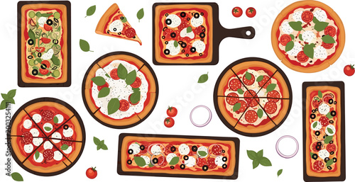 Assorted Pizza Designs with Fresh Toppings Including Tomato, Mozzarella, and Basil for Food Illustration