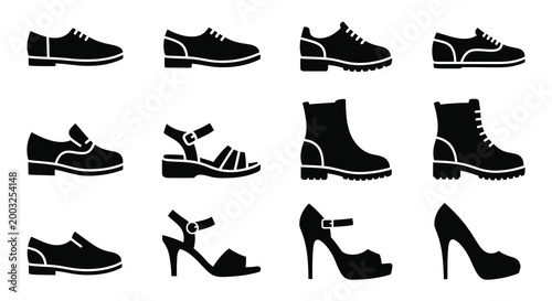 Slika na platnu Collection of various shoe silhouettes in black on a white background silhouette