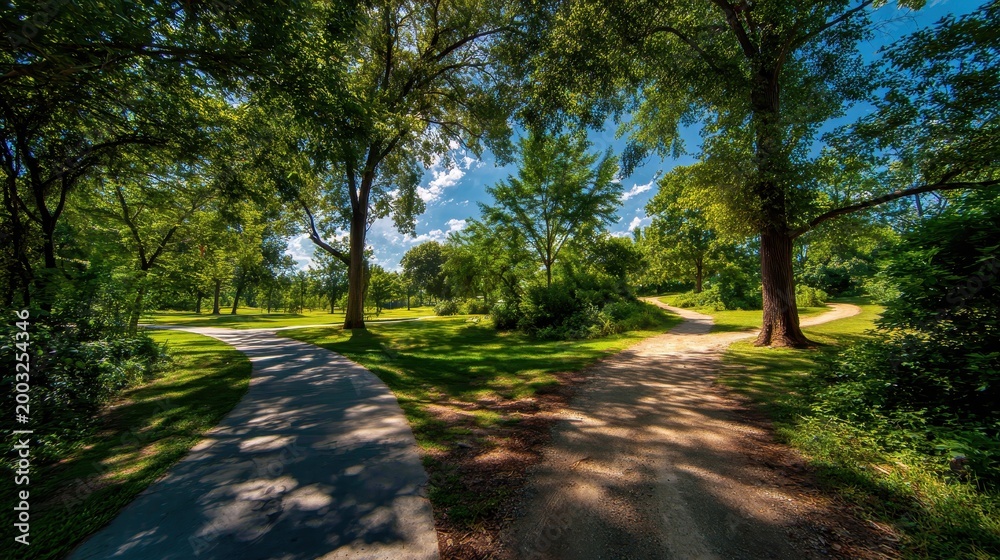 Fototapeta premium Three Diverging Trails in a Sunlit Park: Parallel Left/Right Lanes and a Broad Forward Track