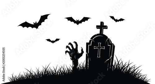 Dark silhouette of a zombie hand rising from a grave in a cemetery with flying bats against a white background.