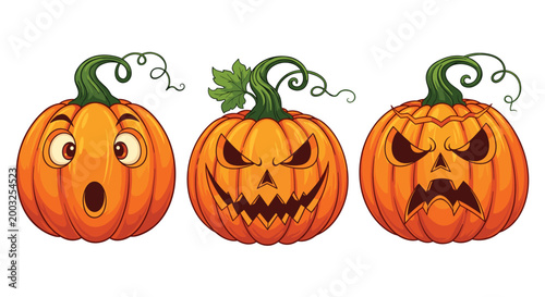 Set of three carved halloween pumpkins or jack-o-lanterns with surprised, scary, and angry facial expressions on white.