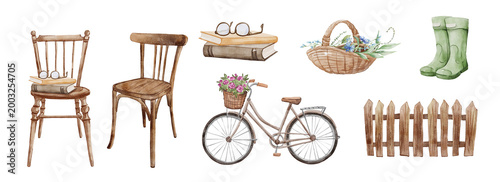 Watercolor hand drawn wooden vintage chair table garden furniture bicycle basket fence