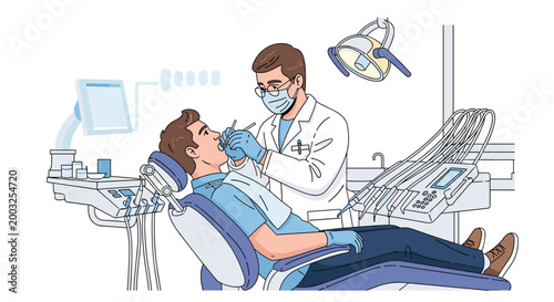 Professional dentist in a white coat and mask examining a male patient's teeth using medical tools in a modern and clean dental clinic.