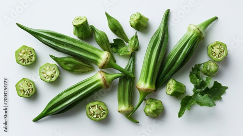 Top-down shot of okra pods with green roselle calyces on a white backdrop