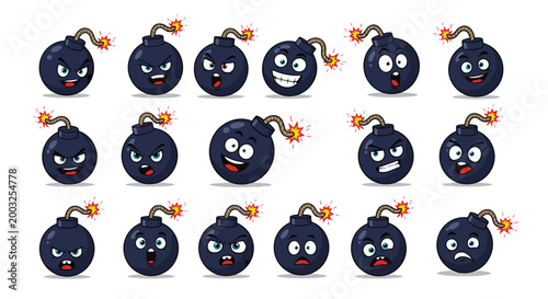 Large collection of eighteen cartoon bomb characters with various funny facial expressions on white background.