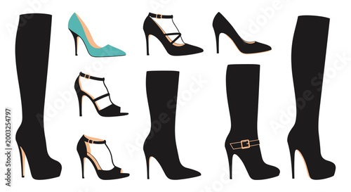 Collection of diverse women high heel shoes including pumps sandals and tall boots in black and teal colors.