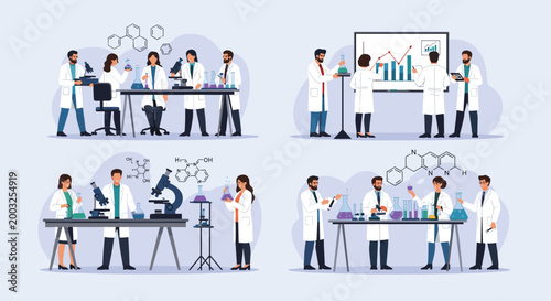 Four sets of diverse scientists in white coats conducting research and experiments in a modern chemistry lab.