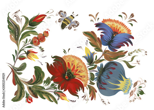 Vector floral composition of hand painted ornate flowers and leaves on a white background