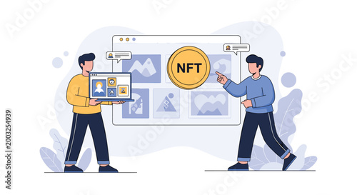 Two professional people discussing digital art and nft collectibles while standing in front of a large web browser interface.